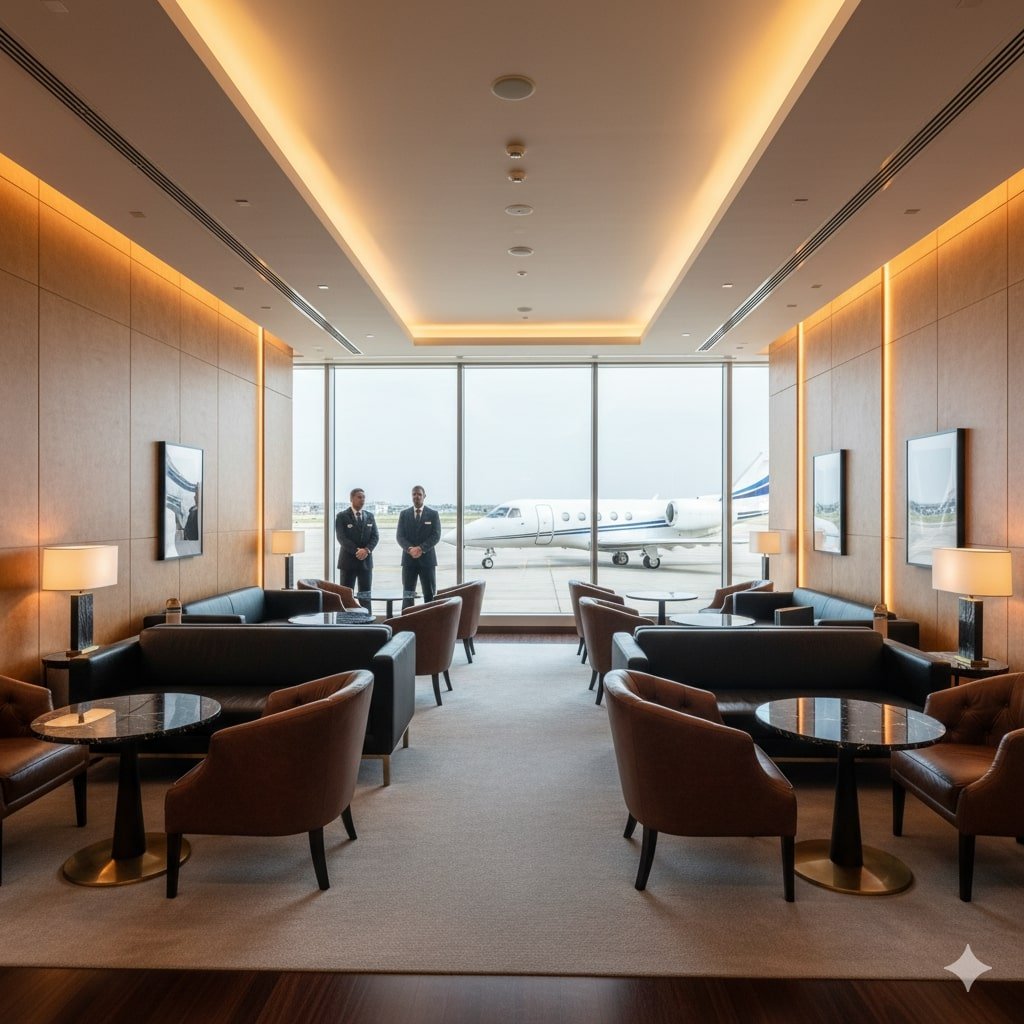 Luxury private lounge interior showcasing premium concierge service environment